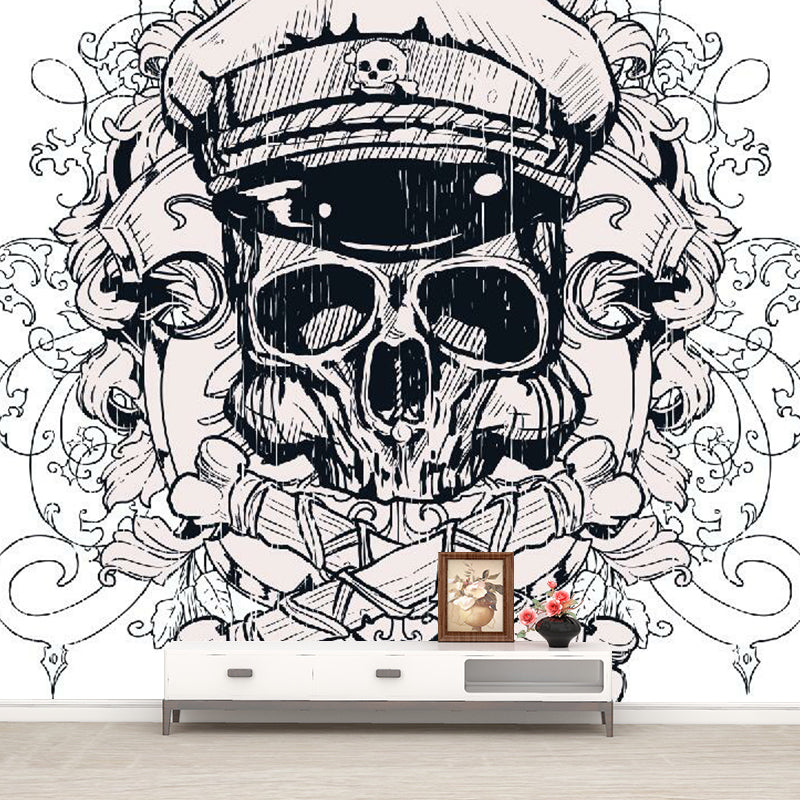 Novelty Pirate Skull Wall Murals for Bedroom Custom Size Wall Covering in Black-White Black-White Clearhalo 'Wall Decor' 'Wall Mural' 1289196