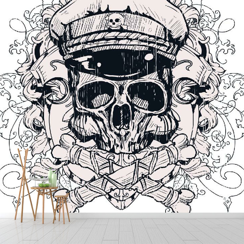 Novelty Pirate Skull Wall Murals for Bedroom Custom Size Wall Covering in Black-White Clearhalo 'Wall Decor' 'Wall Mural' 1289197