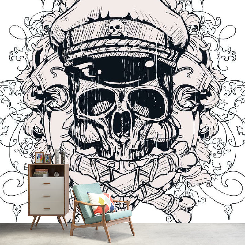 Novelty Pirate Skull Wall Murals for Bedroom Custom Size Wall Covering in Black-White Clearhalo 'Wall Decor' 'Wall Mural' 1289198