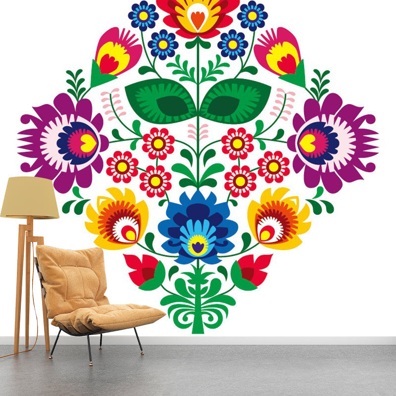 Boho Symmetric Flower Wall Murals for Home Decoration Custom Wall Art in Red-Yellow-Blue-Green Clearhalo 'Wall Decor' 'Wall Mural' 1289222