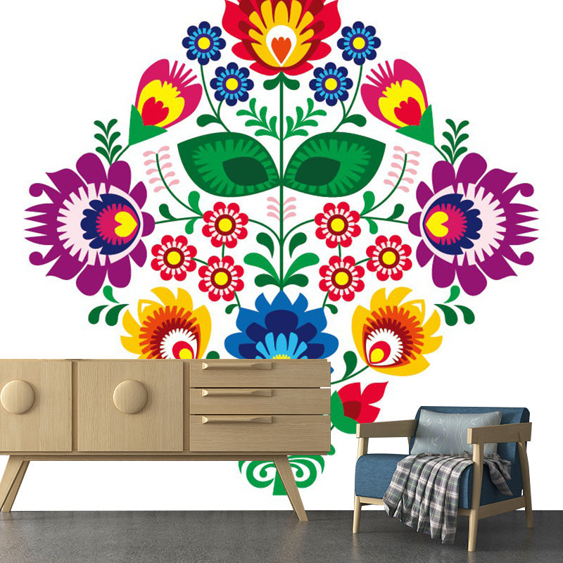 Boho Symmetric Flower Wall Murals for Home Decoration Custom Wall Art in Red-Yellow-Blue-Green Clearhalo 'Wall Decor' 'Wall Mural' 1289223