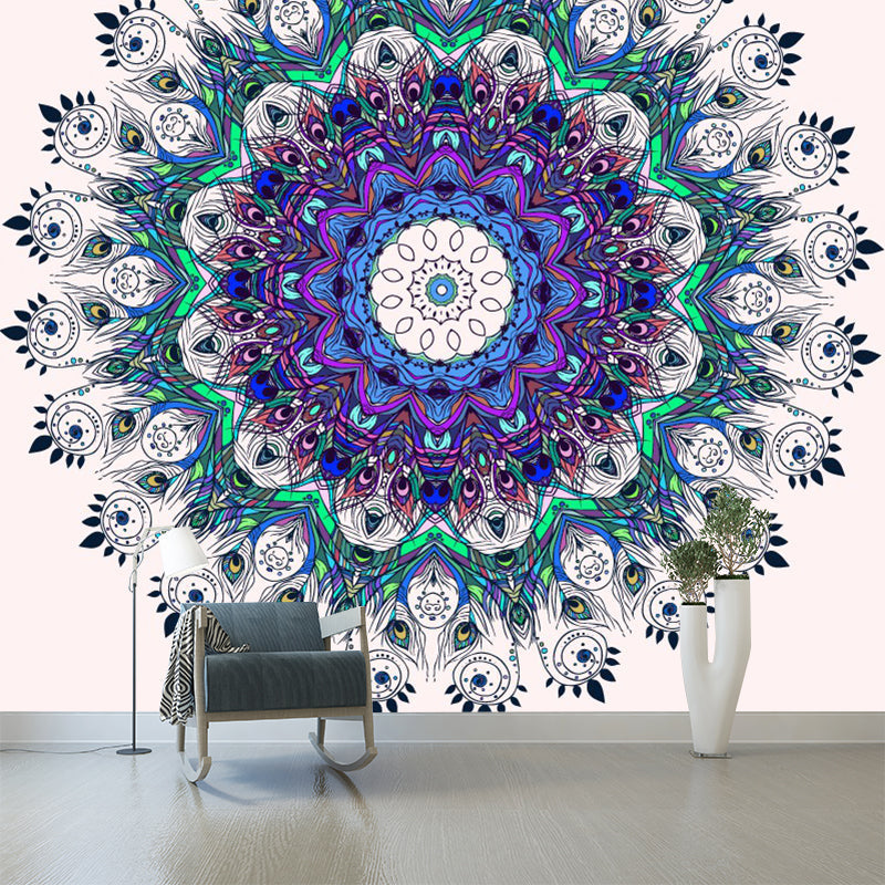 Illustration Peacock Feather Mural Decal for Living Room, Purple-Blue, Custom Size Available Purplish Blue Clearhalo 'Wall Decor' 'Wall Mural' 1289236