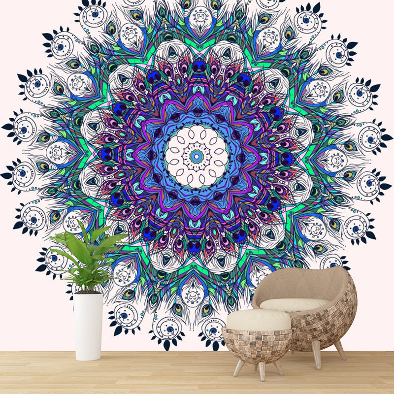 Illustration Peacock Feather Mural Decal for Living Room, Purple-Blue, Custom Size Available Clearhalo 'Wall Decor' 'Wall Mural' 1289237