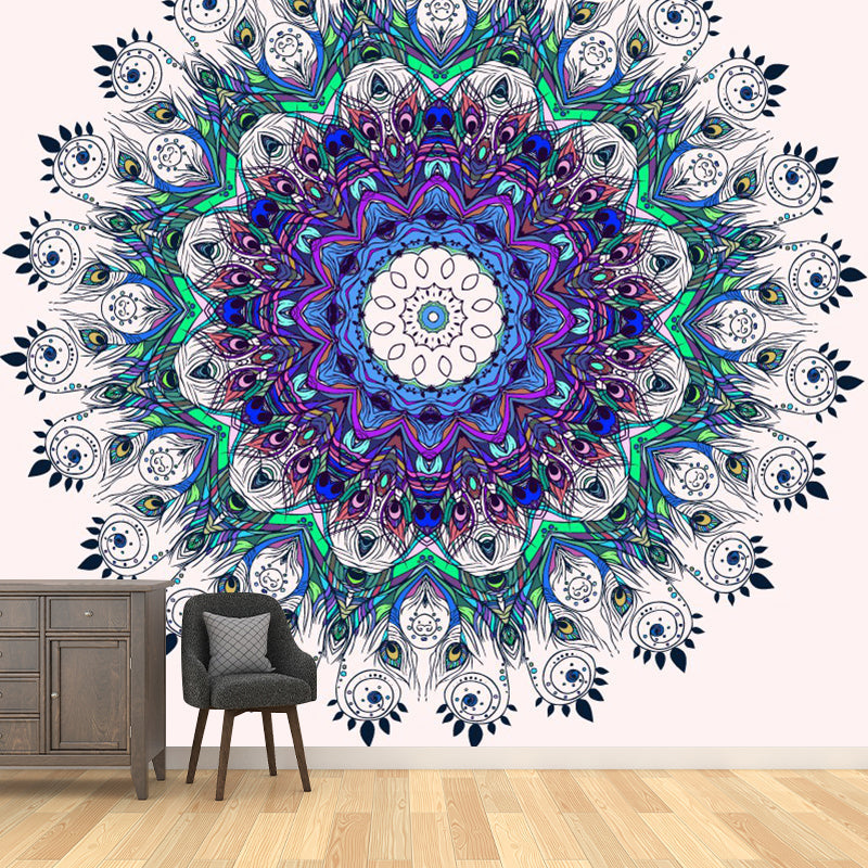 Illustration Peacock Feather Mural Decal for Living Room, Purple-Blue, Custom Size Available Clearhalo 'Wall Decor' 'Wall Mural' 1289238