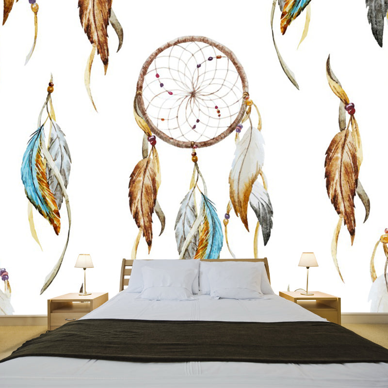 Bohemian Feather Wall Covering Mural Non-Woven Moisture Resistant Brown Wall Art for Bedroom Brown Clearhalo 'Wall Decor' 'Wall Mural' 1289241