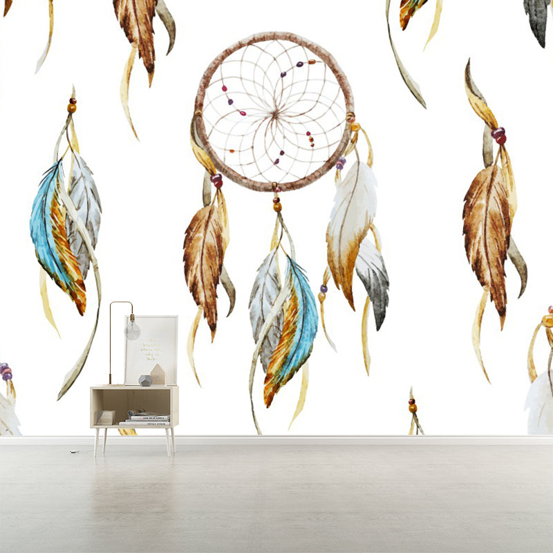 Bohemian Feather Wall Covering Mural Non-Woven Moisture Resistant Brown Wall Art for Bedroom Clearhalo 'Wall Decor' 'Wall Mural' 1289242