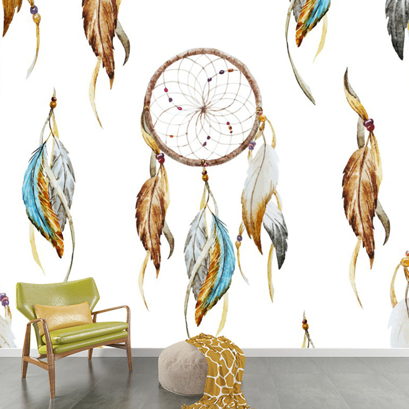 Bohemian Feather Wall Covering Mural Non-Woven Moisture Resistant Brown Wall Art for Bedroom Clearhalo 'Wall Decor' 'Wall Mural' 1289243