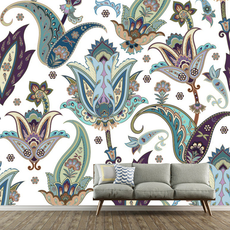 Blue-Green Bohemian Murals Full Size Paisley Flower Pattern Wall Covering for Home Blue-Green Clearhalo 'Wall Decor' 'Wall Mural' 1289251