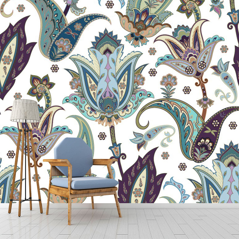 Blue-Green Bohemian Murals Full Size Paisley Flower Pattern Wall Covering for Home Clearhalo 'Wall Decor' 'Wall Mural' 1289253