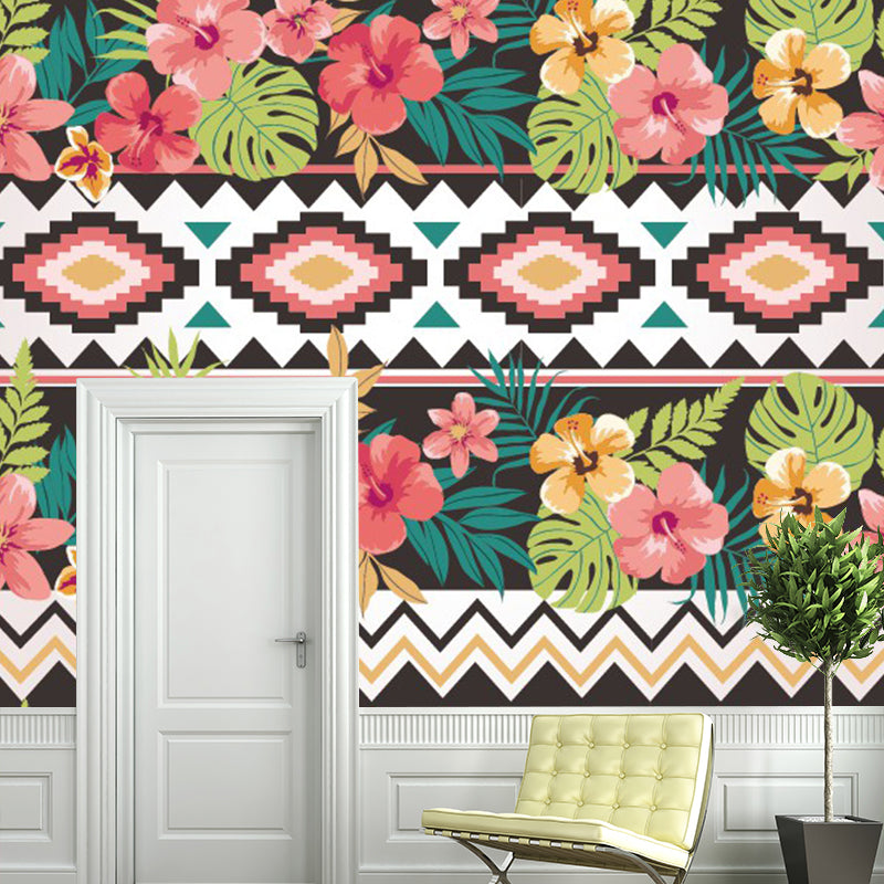 Whole Flower Print Wallpaper Mural for Bedroom Geometry Wall Decor in Pink-Yellow-Green, Washable Pink-Yellow-Green Clearhalo 'Wall Decor' 'Wall Mural' 1289296