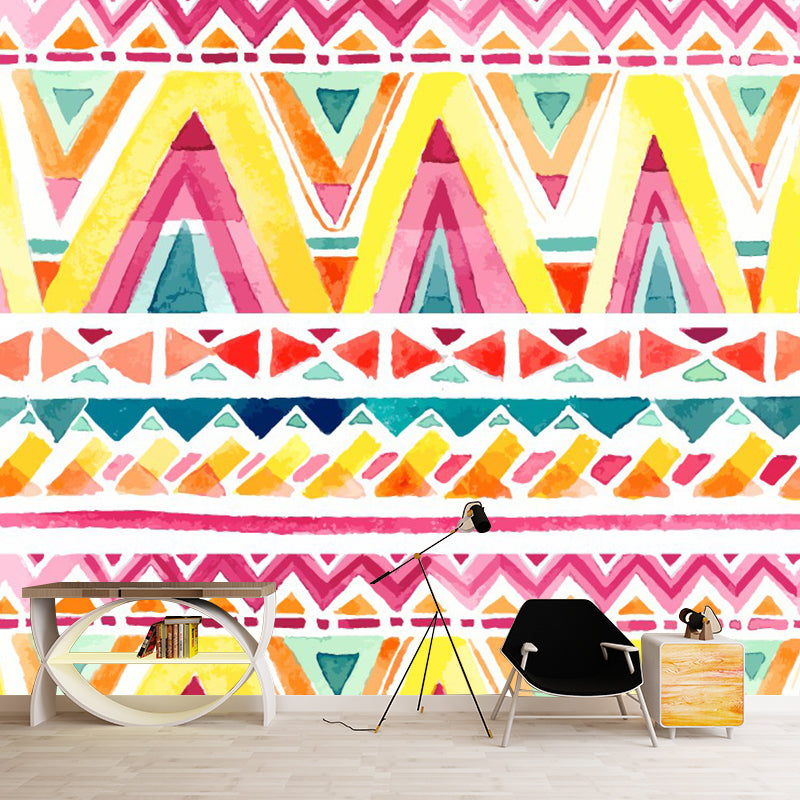 Pink-Yellow Zigzag Wall Murals Moisture Resistant Bohemia Living Room Wall Covering Clearhalo 'Wall Decor' 'Wall Mural' 1289332