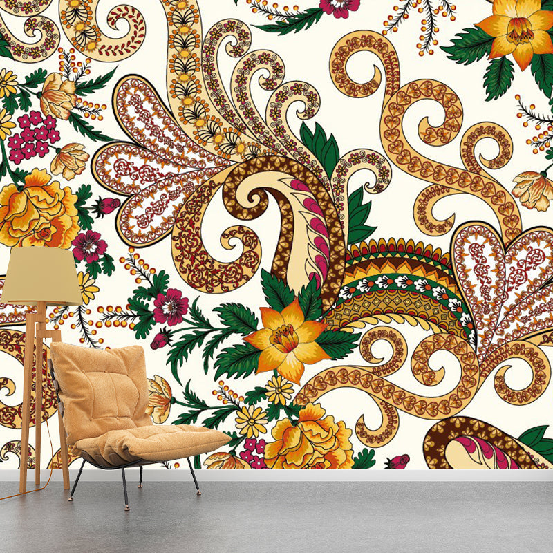 Boho Flower Swirling Wallpaper Murals Yellow-Brown Water Resistant Wall Decor for Home Clearhalo 'Wall Decor' 'Wall Mural' 1289347