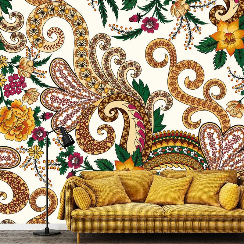 Boho Flower Swirling Wallpaper Murals Yellow-Brown Water Resistant Wall Decor for Home Clearhalo 'Wall Decor' 'Wall Mural' 1289348