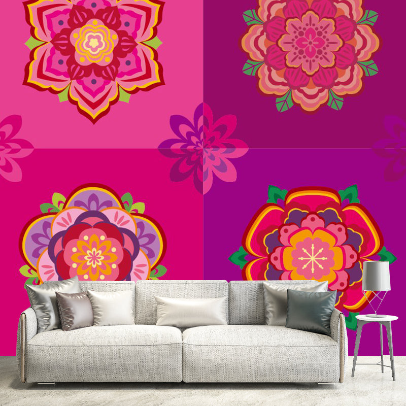 Bohemia Squares Wall Mural Rose Red Flowers Wall Covering for Bedroom Decoration Rose Red Clearhalo 'Wall Decor' 'Wall Mural' 1289356