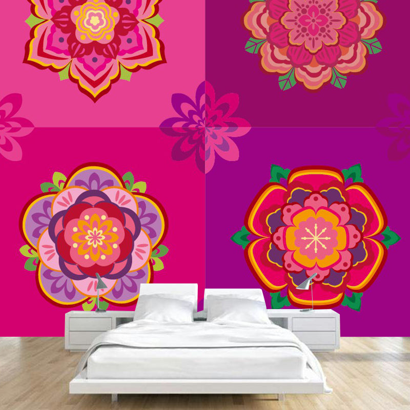 Bohemia Squares Wall Mural Rose Red Flowers Wall Covering for Bedroom Decoration Clearhalo 'Wall Decor' 'Wall Mural' 1289357