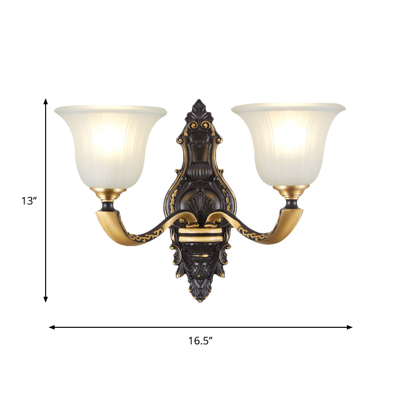 1/2-Bulb Bell Wall Mount Light Vintage Black and Gold Frosted White Glass Sconce for Bedroom Clearhalo 'Wall Lamps & Sconces' 'Wall Lights' Lighting' 1289799