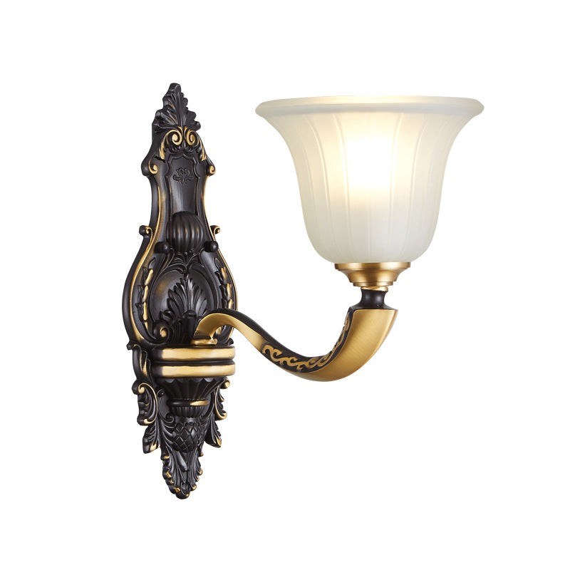 1/2-Bulb Bell Wall Mount Light Vintage Black and Gold Frosted White Glass Sconce for Bedroom Clearhalo 'Wall Lamps & Sconces' 'Wall Lights' Lighting' 1289802