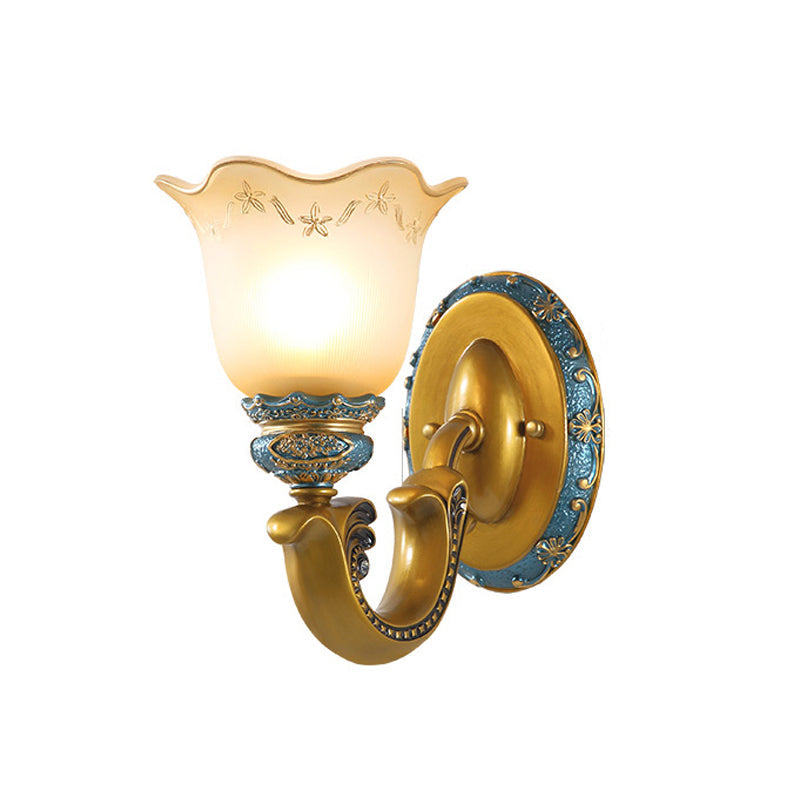 Gold 1/2-Light Wall Mounted Lamp Antique Opal Glass Scalloped Bell Sconce Light Fixture Clearhalo 'Wall Lamps & Sconces' 'Wall Lights' Lighting' 1289807