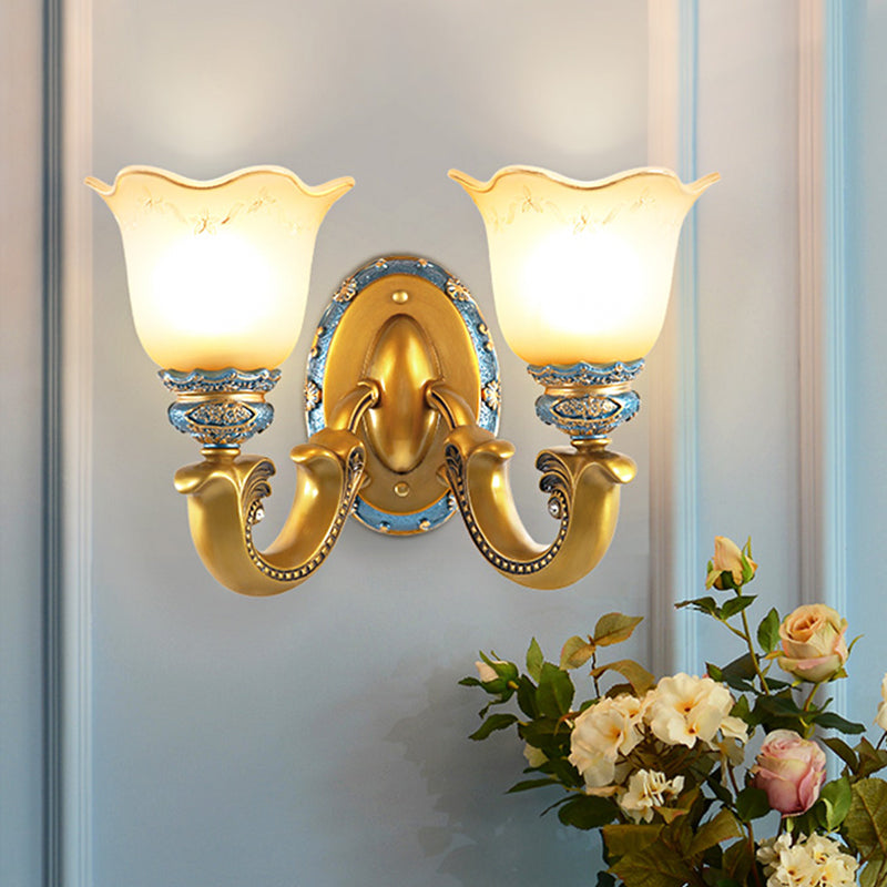 Gold 1/2-Light Wall Mounted Lamp Antique Opal Glass Scalloped Bell Sconce Light Fixture Clearhalo 'Wall Lamps & Sconces' 'Wall Lights' Lighting' 1289810