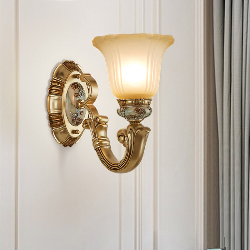 1/2-Light Sconce Lighting Retro Living Room Wall Lamp with Bell Frosted Glass Shade in Gold Clearhalo 'Wall Lamps & Sconces' 'Wall Lights' Lighting' 1289824