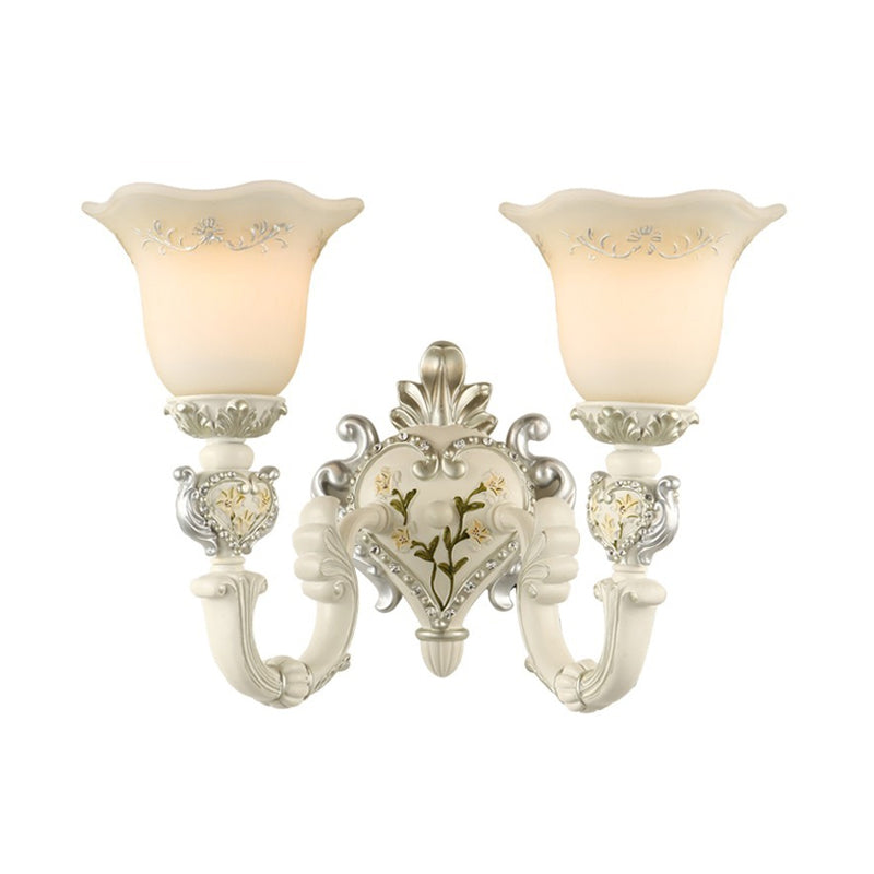 1/2-Head Ivory Glass Wall Sconce Traditional White Bell Shaped Bedroom Wall Light Kit Clearhalo 'Wall Lamps & Sconces' 'Wall Lights' Lighting' 1289838