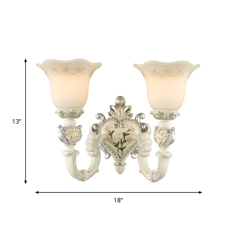 1/2-Head Ivory Glass Wall Sconce Traditional White Bell Shaped Bedroom Wall Light Kit Clearhalo 'Wall Lamps & Sconces' 'Wall Lights' Lighting' 1289839