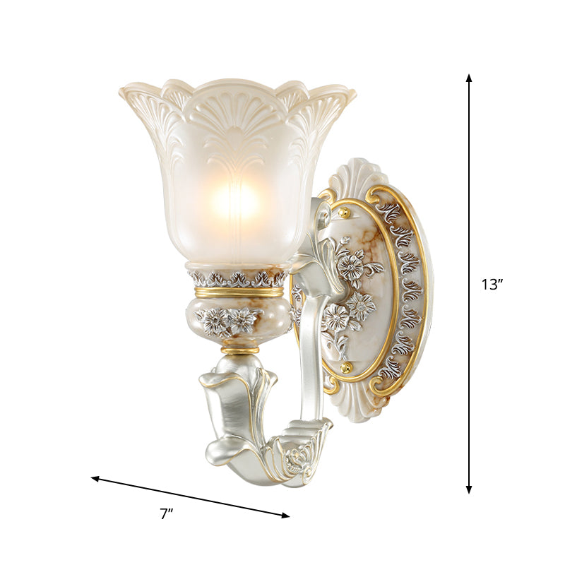 White-Gold Floral Wall Lamp Kit Retro Style Frosted Glass 1/2-Head Living Room Sconce Light Clearhalo 'Wall Lamps & Sconces' 'Wall Lights' Lighting' 1289866