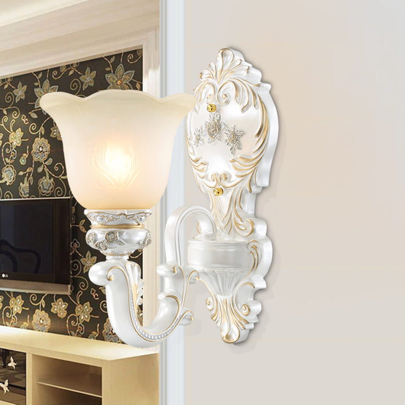 1/2-Bulb Scalloped-Trim Bell Wall Light Traditional White-Gold Frosted Glass Wall Mount Lighting Clearhalo 'Wall Lamps & Sconces' 'Wall Lights' Lighting' 1289878