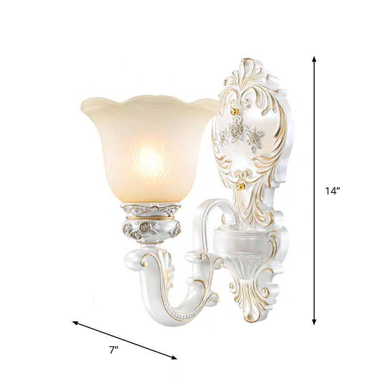 1/2-Bulb Scalloped-Trim Bell Wall Light Traditional White-Gold Frosted Glass Wall Mount Lighting Clearhalo 'Wall Lamps & Sconces' 'Wall Lights' Lighting' 1289880