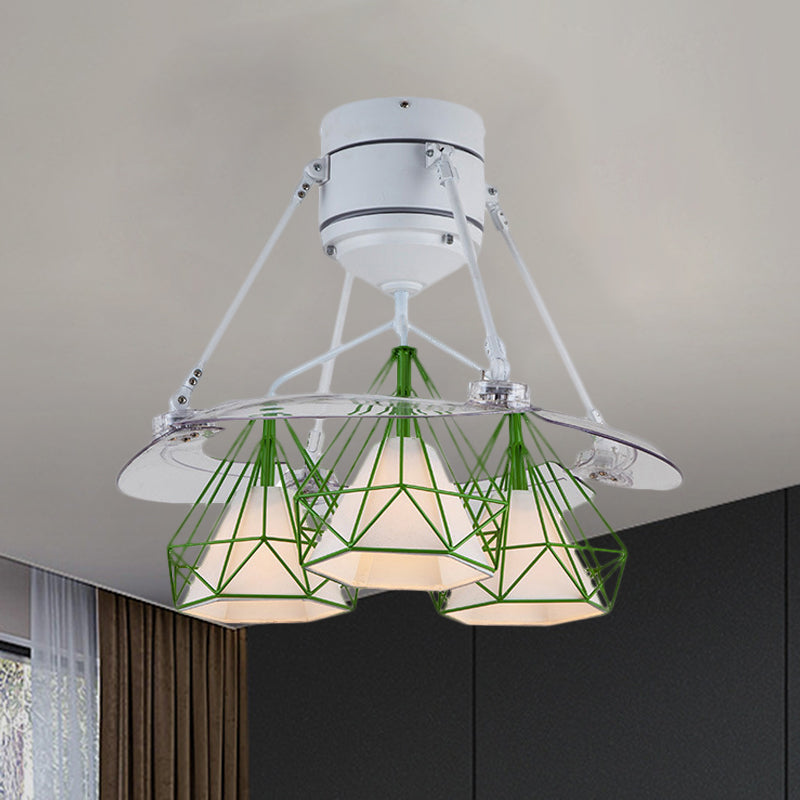 Metal Diamond Frame Semi Flush Minimalism 3-Light Black/White/Green 4-Blade Ceiling Fan Lighting for Bedroom, 48