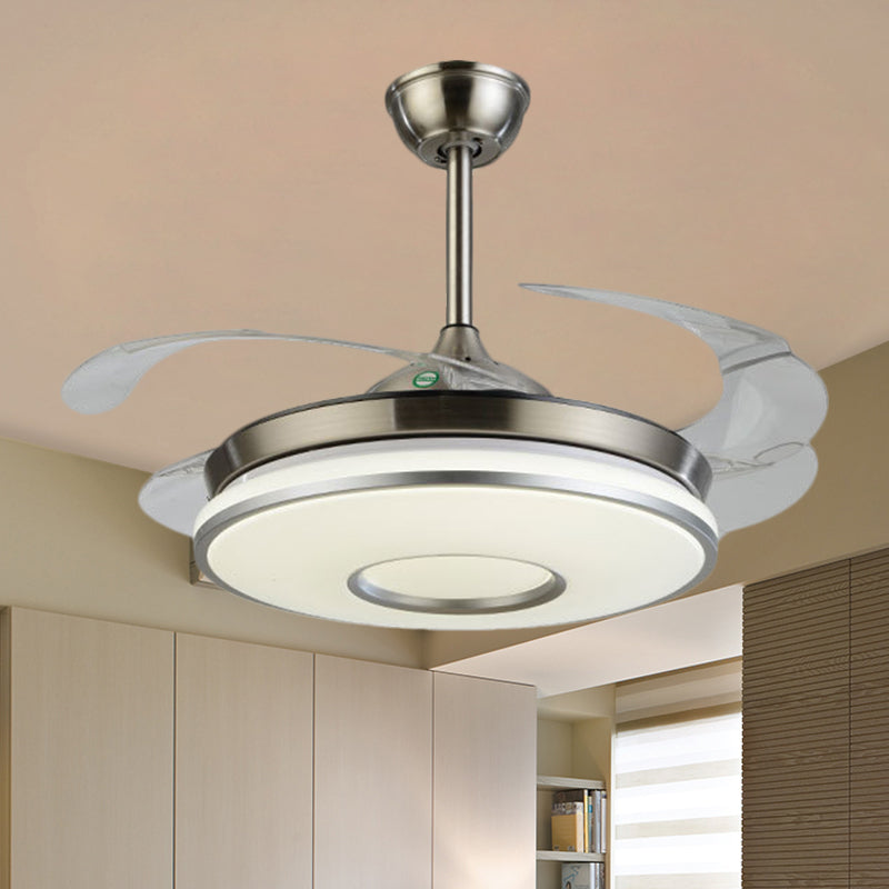 Silver Round Panel Ceiling Fan Lamp Simplicity LED Acrylic Semi Flush Mount Lighting with 4 Blades, 42