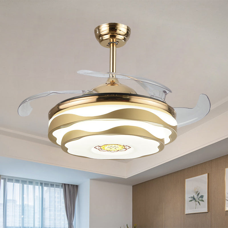 Nordic 2 Tiers Floral Semi Flush Acrylic Bedroom 4-Blade LED Ceiling Fan Lighting in Gold, 42