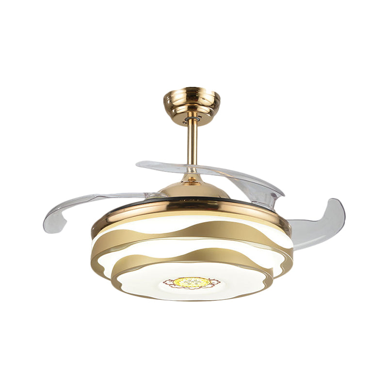 Nordic 2 Tiers Floral Semi Flush Acrylic Bedroom 4-Blade LED Ceiling Fan Lighting in Gold, 42