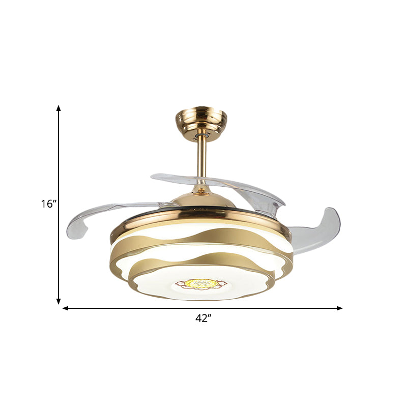 Nordic 2 Tiers Floral Semi Flush Acrylic Bedroom 4-Blade LED Ceiling Fan Lighting in Gold, 42