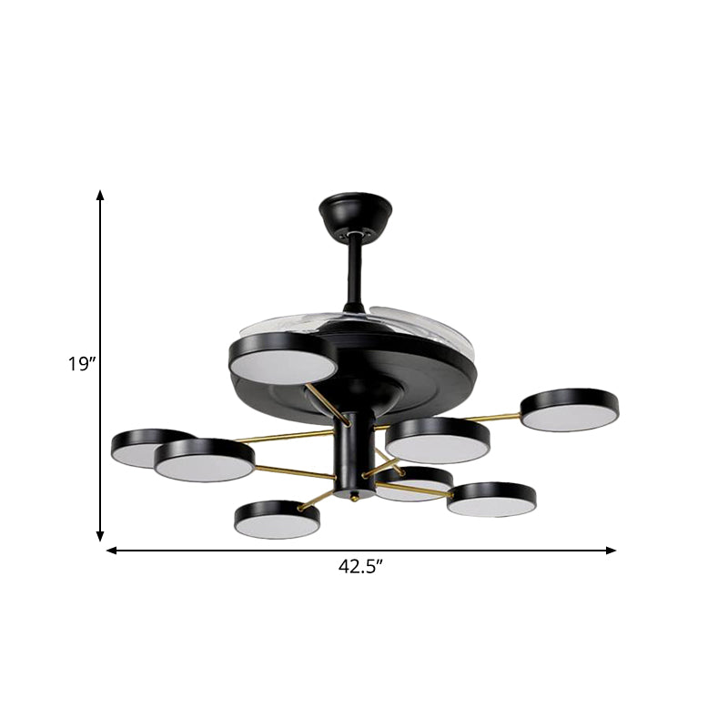 Nordic Round Panel Hanging Fan Lamp Acrylic 6/8 Heads Drawing Room 4-Blade Semi Flush Mount in Black, 42.5