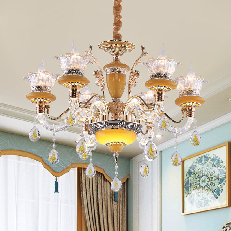 Yellow Candle Chandelier Traditional Crystal Drops 6 Heads Dinning Hall Ceiling Suspension Lamp Clearhalo 'Ceiling Lights' 'Chandeliers' Lighting' options 1290227