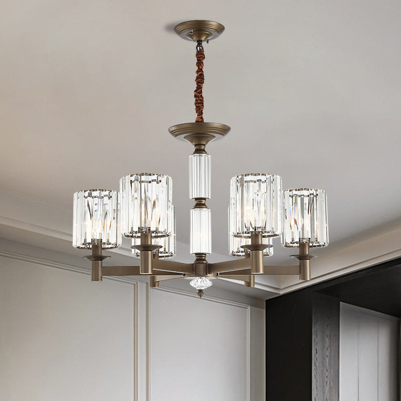 Traditional Cylindrical Pendant Light Fixture 6 Heads Crystal Hanging Chandelier in Brass Clearhalo 'Ceiling Lights' 'Chandeliers' Lighting' options 1290259