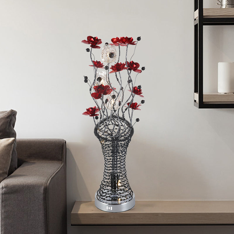 Decorative Twig Column Table Lamp Aluminum LED Desk Lighting with Floret Decor in Red and Black, Warm/White Light Red-Black Clearhalo 'Lamps' 'Table Lamps' Lighting' 1290315
