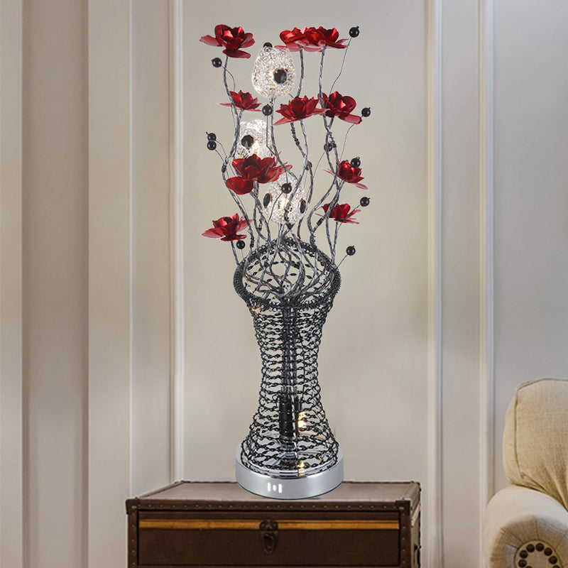 Decorative Twig Column Table Lamp Aluminum LED Desk Lighting with Floret Decor in Red and Black, Warm/White Light Clearhalo 'Lamps' 'Table Lamps' Lighting' 1290316