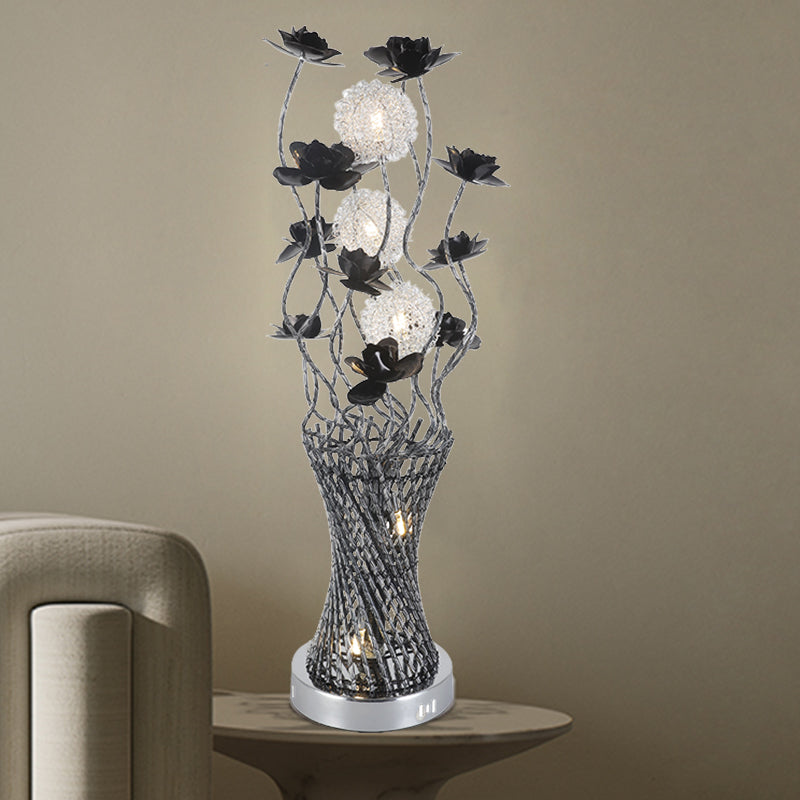 LED Cylinder Vine Night Light Art Decor Black-Silver Metal Table Lighting with Blossom Detail for Bedside Black-Silver Clearhalo 'Lamps' 'Table Lamps' Lighting' 1290319