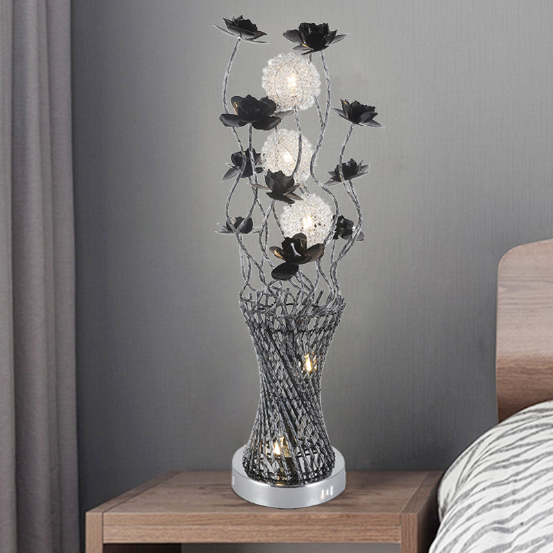 LED Cylinder Vine Night Light Art Decor Black-Silver Metal Table Lighting with Blossom Detail for Bedside Clearhalo 'Lamps' 'Table Lamps' Lighting' 1290320