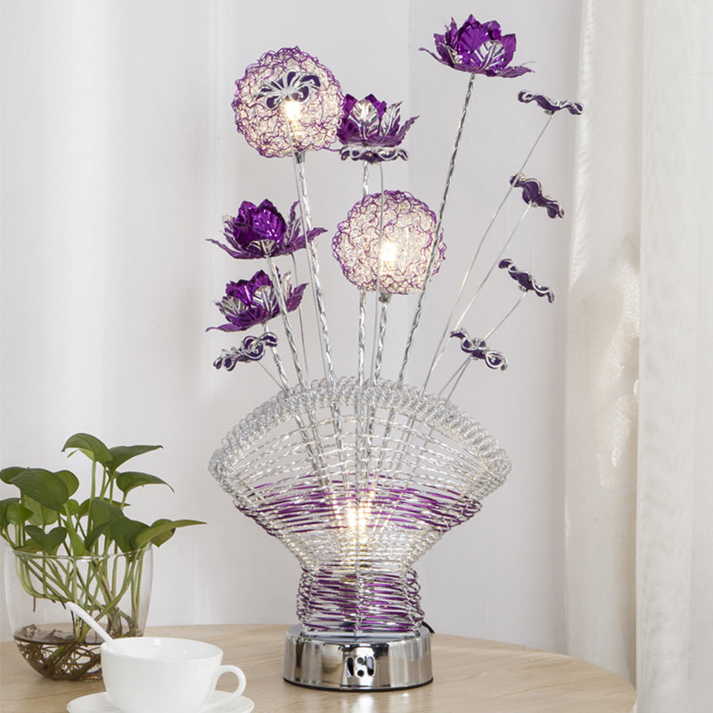 Fan-Shaped Aluminum Table Lighting Decorative LED Bedroom Desk Lamp with Rose and Dandelion Decor in Red/Purple Purple Clearhalo 'Lamps' 'Table Lamps' Lighting' 1290329