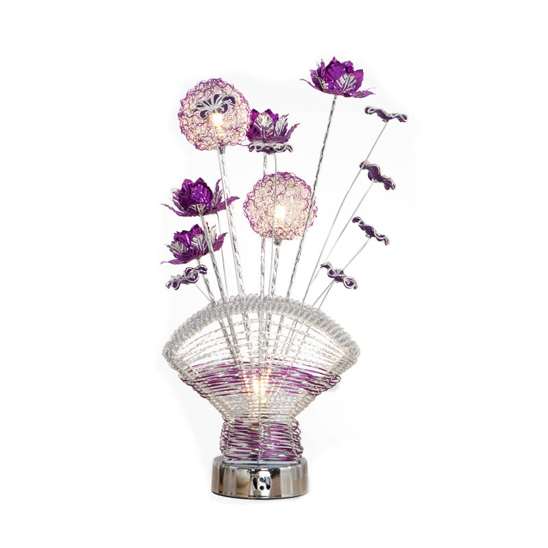 Fan-Shaped Aluminum Table Lighting Decorative LED Bedroom Desk Lamp with Rose and Dandelion Decor in Red/Purple Clearhalo 'Lamps' 'Table Lamps' Lighting' 1290330