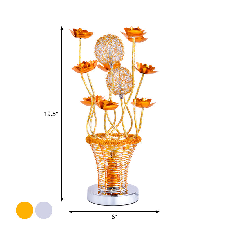 Basket-Like Aluminum Desk Light Art Decor Bedside LED Vine Night Table Lamp with Blossom and Orb Decor in Gold/Silver Clearhalo 'Lamps' 'Table Lamps' Lighting' 1290378