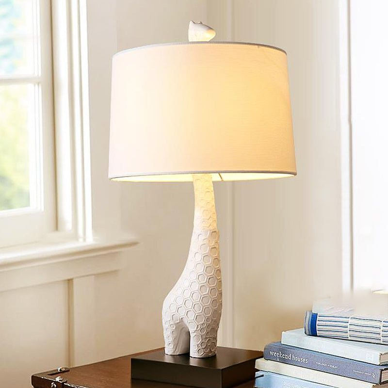 White Single Drum Study Lamp Modernism Fabric LED Reading Light with Giraffe Base for Bedroom Clearhalo 'Lamps' 'Table Lamps' Lighting' 133707