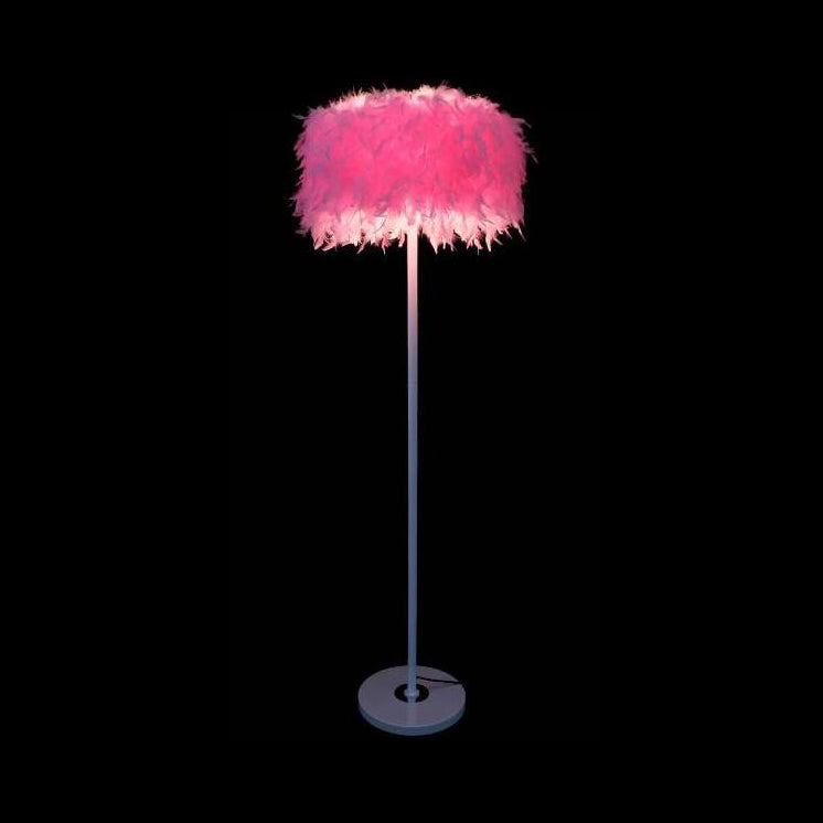 Feather Drum Shade Floor Lamp Modern Style 1-Light Floor Lighting in Multi Colors for Living Room Pink Clearhalo 'Lamps' 'Table Lamps' Lighting' 134948