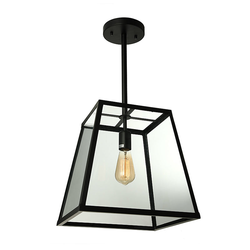 Industrial Trapezoid Pendant Lighting 1 Light Clear Glass Hanging Light Fixture in Black, 12