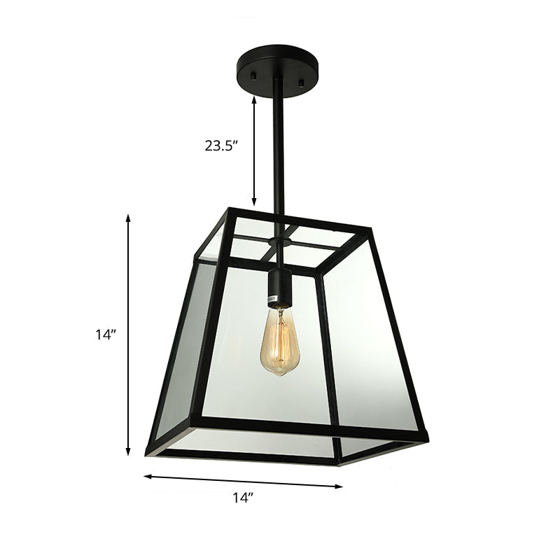 Industrial Trapezoid Pendant Lighting 1 Light Clear Glass Hanging Light Fixture in Black, 12