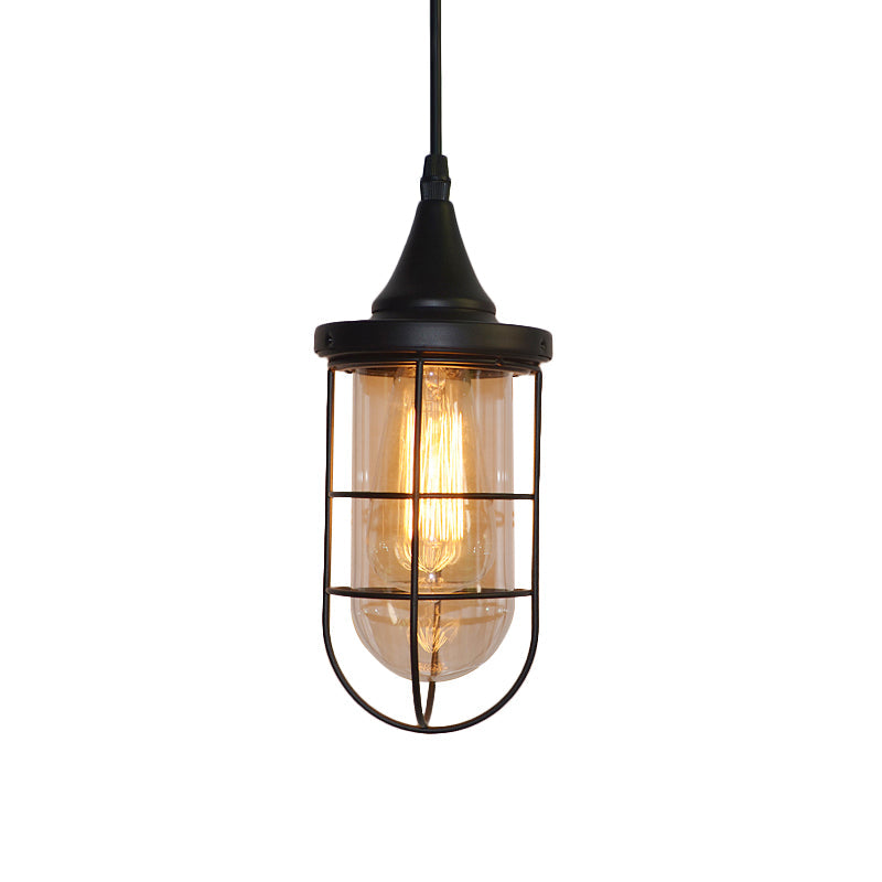 Black Single Light Pendant Ceiling Light Farmhouse Clear Glass Caged Lighting Fixture for Living Room Clearhalo 'Ceiling Lights' 'Close To Ceiling Lights' 'Glass shade' 'Glass' 'Industrial Pendants' 'Industrial' 'Middle Century Pendants' 'Pendant Lights' 'Pendants' 'Tiffany' Lighting' 136218