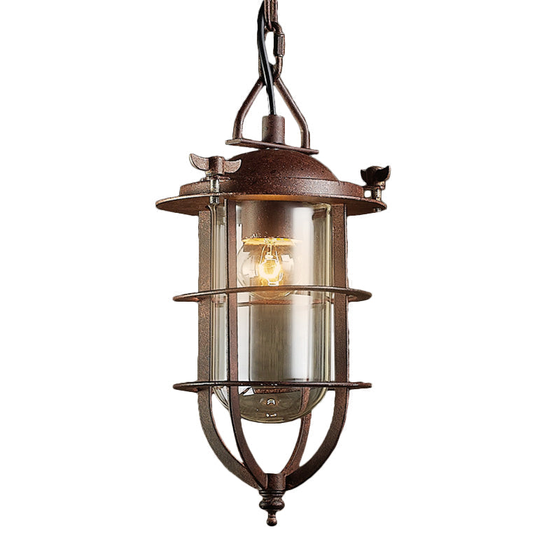 Rust Caged Lantern Pendant Fixture Coastal Clear Glass Single-Bulb Living Room Hanging Ceiling Light Clearhalo 'Ceiling Lights' 'Close To Ceiling Lights' 'Glass shade' 'Glass' 'Industrial Pendants' 'Industrial' 'Middle Century Pendants' 'Pendant Lights' 'Pendants' 'Tiffany' Lighting' 136314